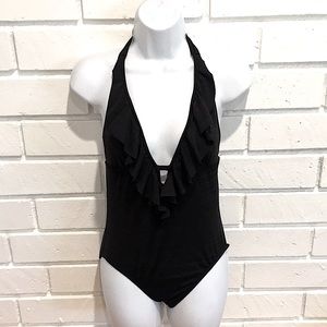 Mossimo Black Low Cut Ruffle Halter Bathing Suit S